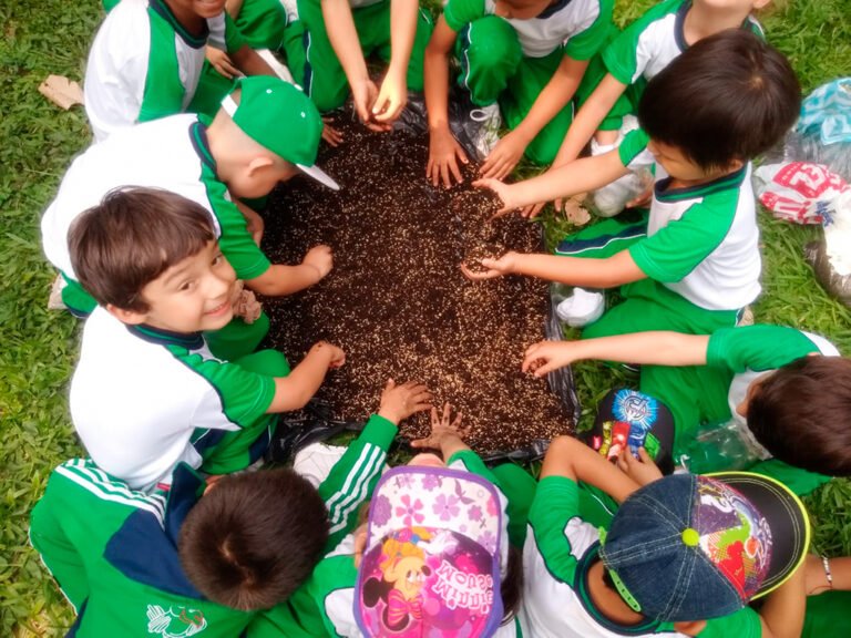 Grupo de niños sembrando arboles en el año 2019